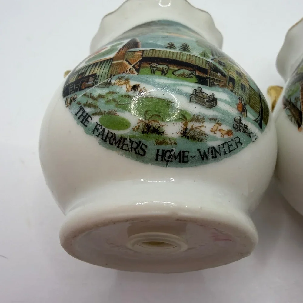 Vintage Enesco Homestead Salt and Pepper Shakers Winter Scenes Gold Trim Set